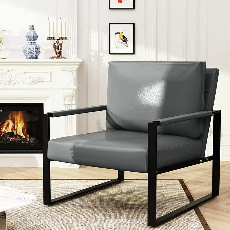 Modern Vintage Upholstered PU Leather Armchair, Mid Century Accent Chairs with Steel Frame, Leisure Chairs