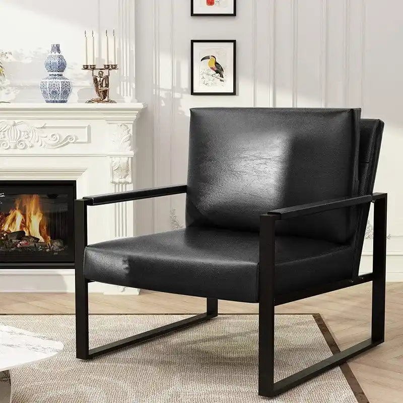 Modern Vintage Upholstered PU Leather Armchair, Mid Century Accent Chairs with Steel Frame, Leisure Chairs