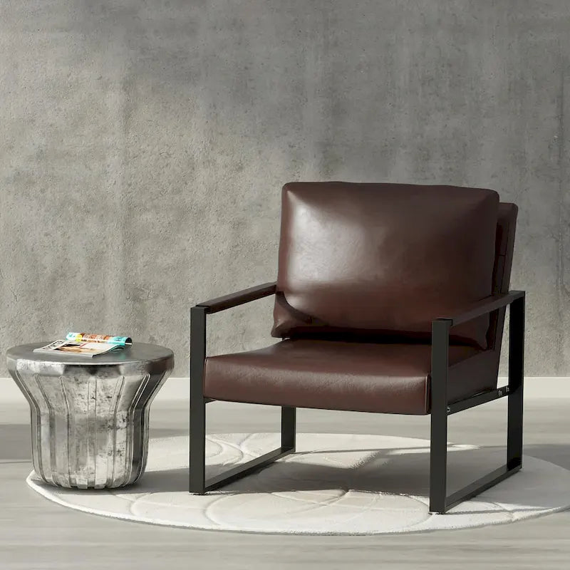 Modern Vintage Upholstered PU Leather Armchair, Mid Century Accent Chairs with Steel Frame, Leisure Chairs
