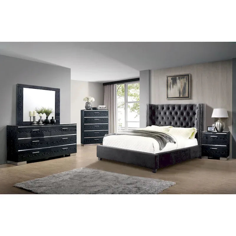 Gray tufted fabric wingback bed