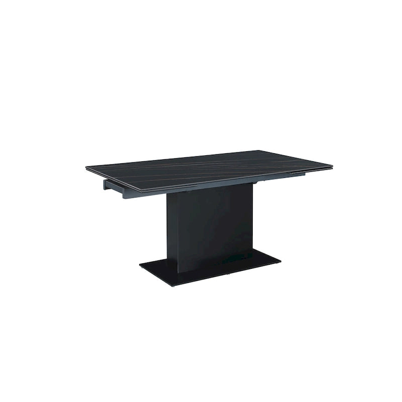 Extendable Sintered Stone Table with Wooden Pedestal and Glass Base Plate