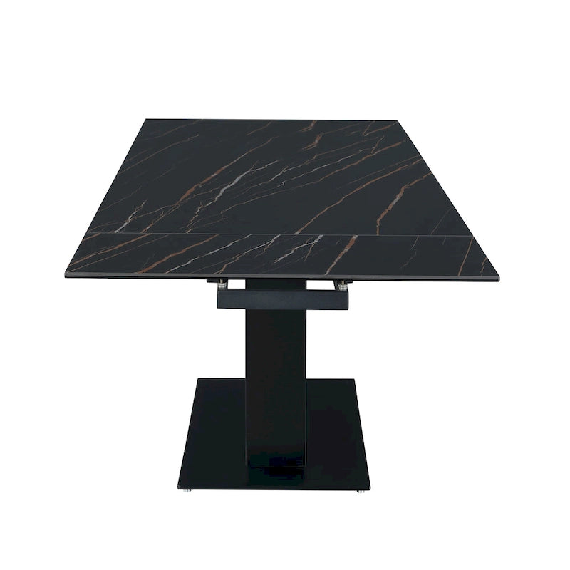 Extendable Sintered Stone Table with Wooden Pedestal and Glass Base Plate