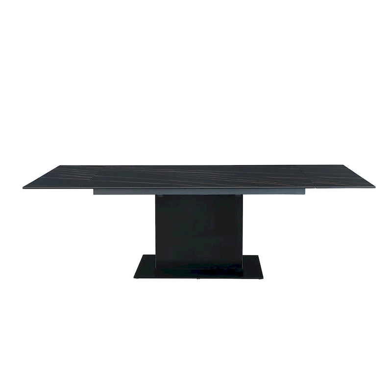 Extendable Sintered Stone Table with Wooden Pedestal and Glass Base Plate