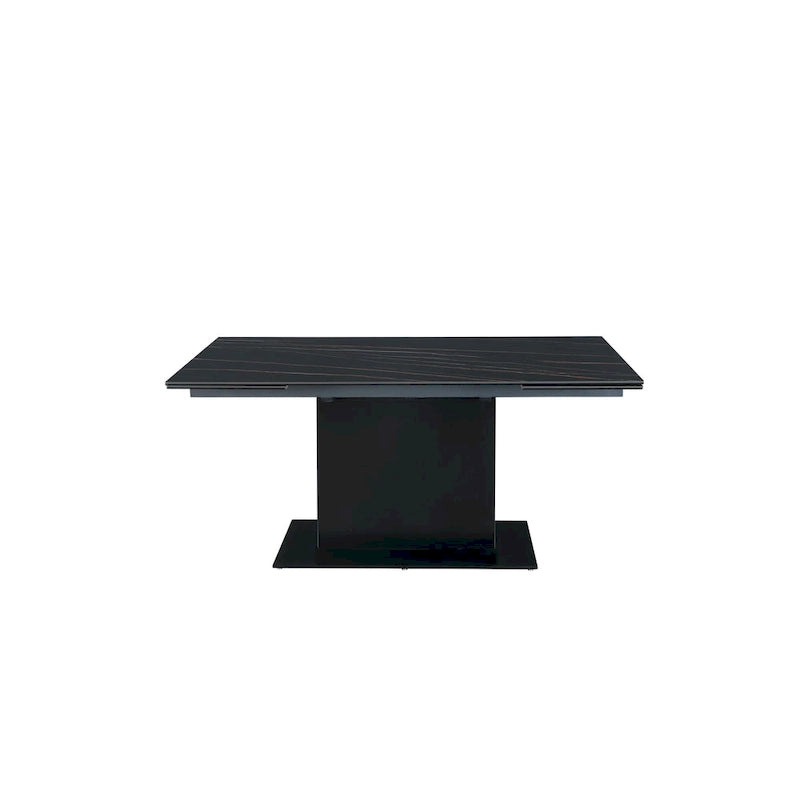 Extendable Sintered Stone Table with Wooden Pedestal and Glass Base Plate