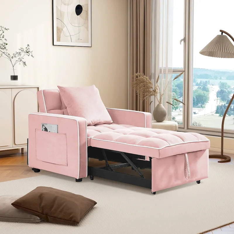Velvet Convertible Single Sofa Chair Bed With Adjustable Backrest And Storage Pocket