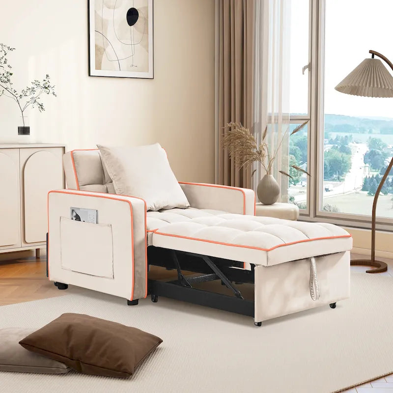 Velvet Convertible Single Sofa Chair Bed With Adjustable Backrest And Storage Pocket