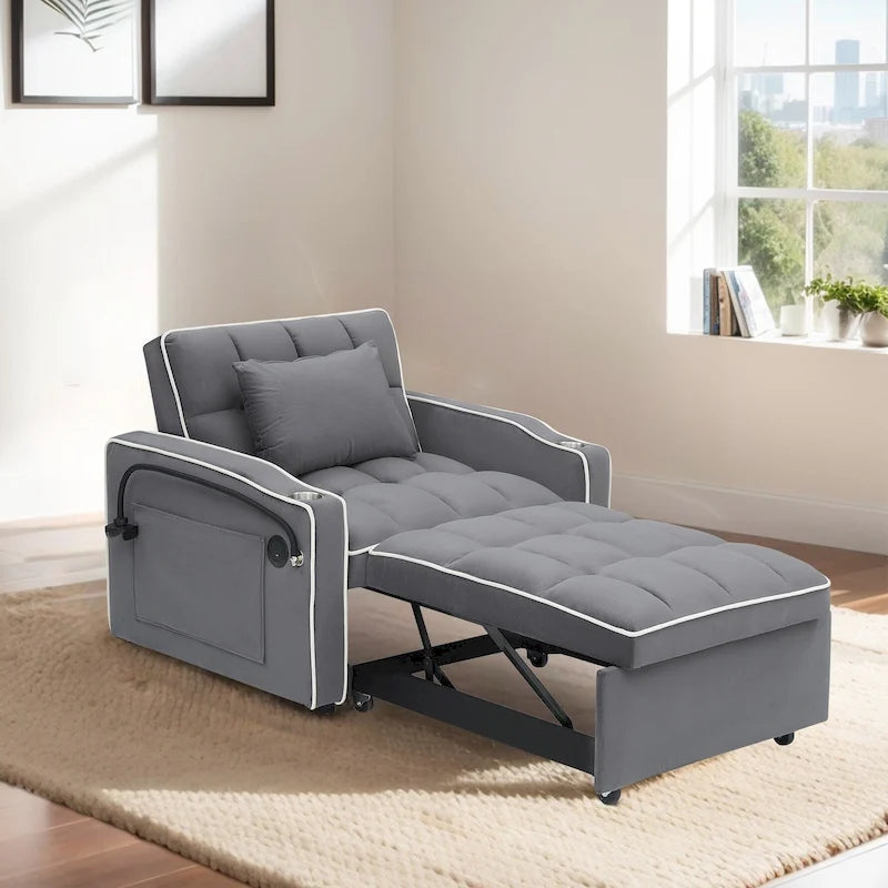 Velvet Convertible Single Sofa Chair Bed With Adjustable Backrest And Storage Pocket
