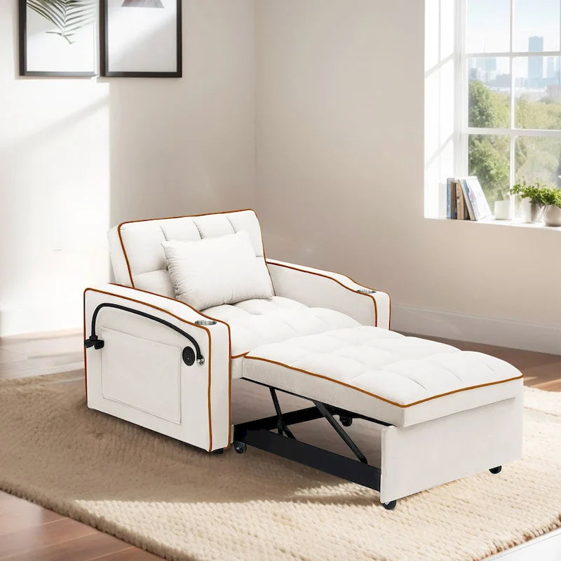 Velvet Convertible Single Sofa Chair Bed With Adjustable Backrest And Storage Pocket