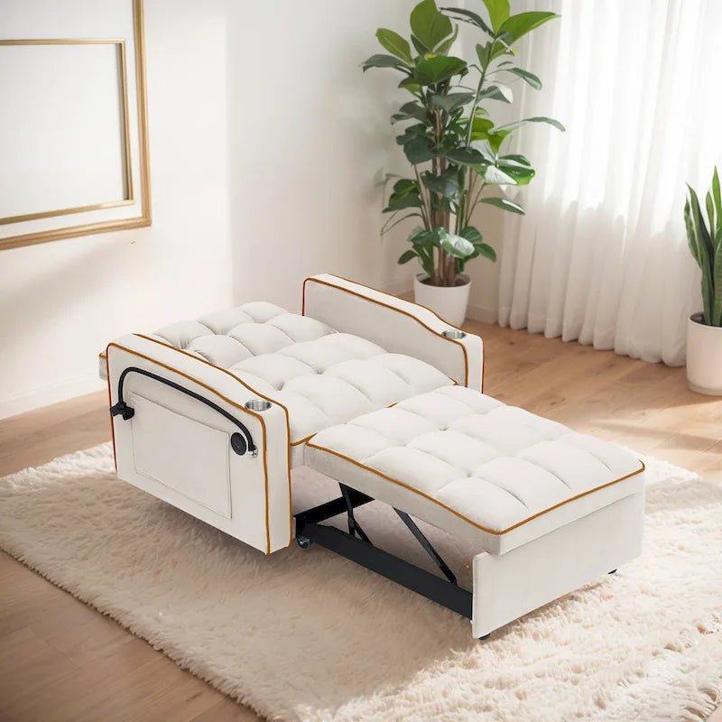 Velvet Convertible Single Sofa Chair Bed With Adjustable Backrest And Storage Pocket