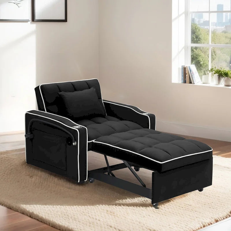 Velvet Convertible Single Sofa Chair Bed With Adjustable Backrest And Storage Pocket
