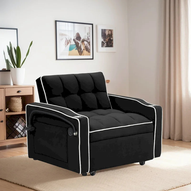 Velvet Convertible Single Sofa Chair Bed With Adjustable Backrest And Storage Pocket