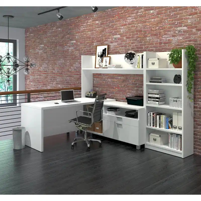 L-Shaped Desk with Bookcase - White/Walnut Grey - Home Office