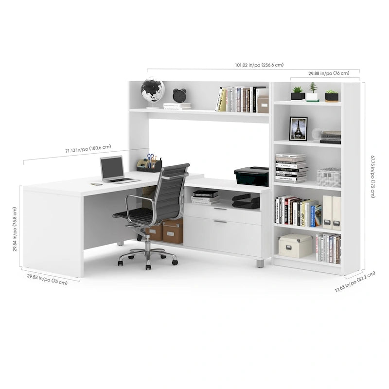 L-Shaped Desk with Bookcase - White/Walnut Grey - Home Office