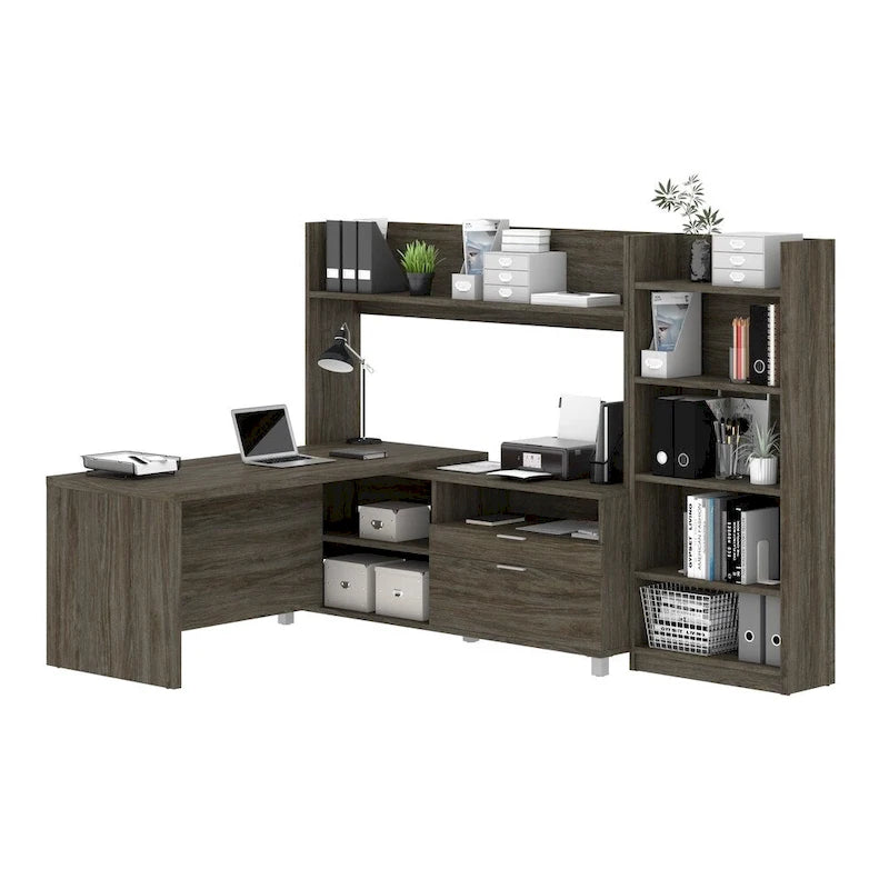L-Shaped Desk with Bookcase - White/Walnut Grey - Home Office