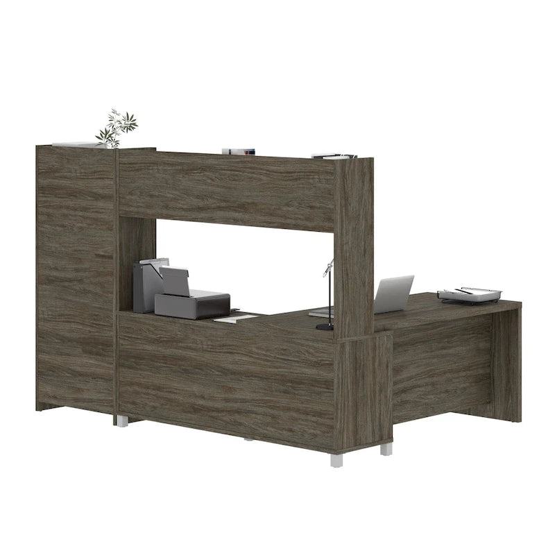 L-Shaped Desk with Bookcase - White/Walnut Grey - Home Office