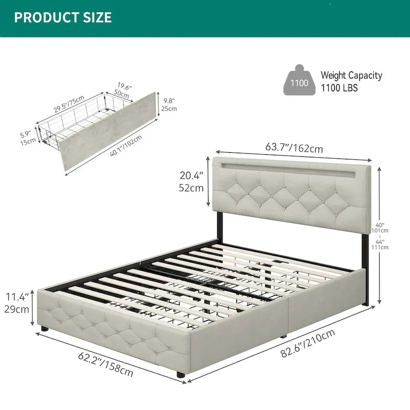 Adjustable Upholstered Headboard Platform Bed with LED light and USB Charging
