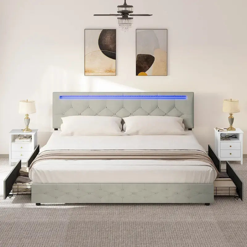 Adjustable Upholstered Headboard Platform Bed with LED light and USB Charging