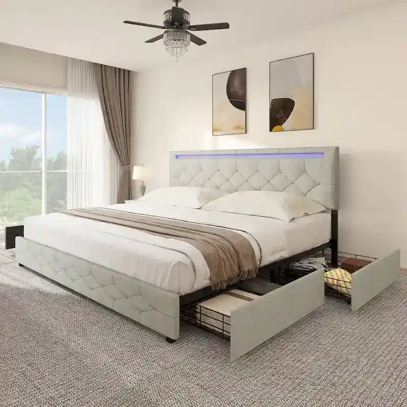 Adjustable Upholstered Headboard Platform Bed with LED light and USB Charging