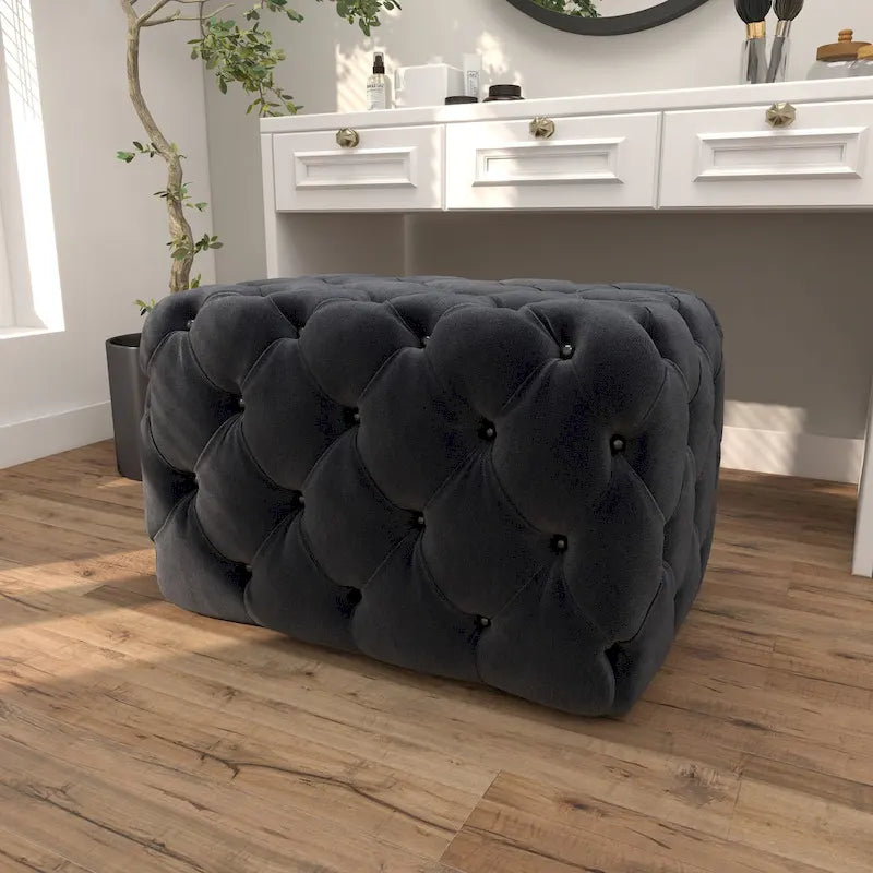 Black Tan or Grey Wood Tufted Fabric Modern Glam Ottoman Bench