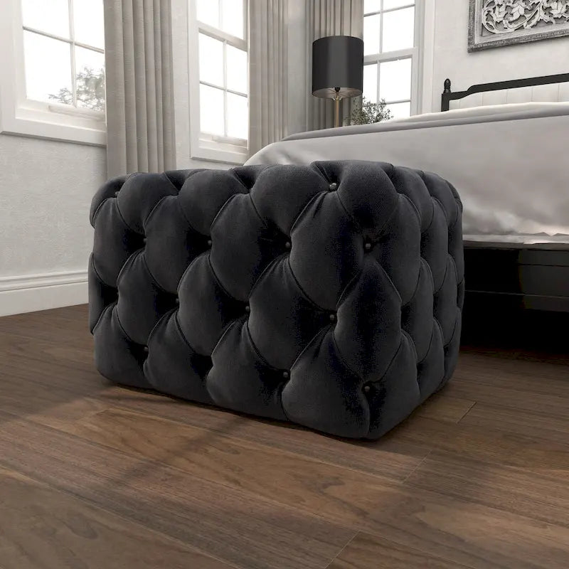 Black Tan or Grey Wood Tufted Fabric Modern Glam Ottoman Bench