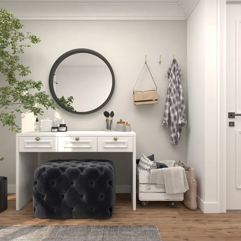 Black Tan or Grey Wood Tufted Fabric Modern Glam Ottoman Bench