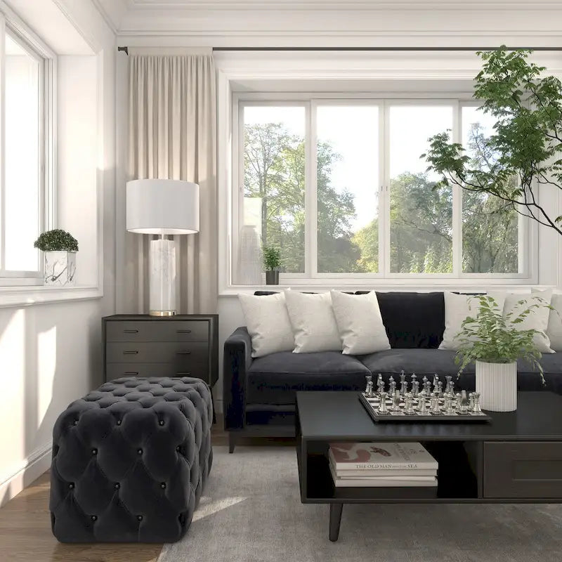 Black Tan or Grey Wood Tufted Fabric Modern Glam Ottoman Bench