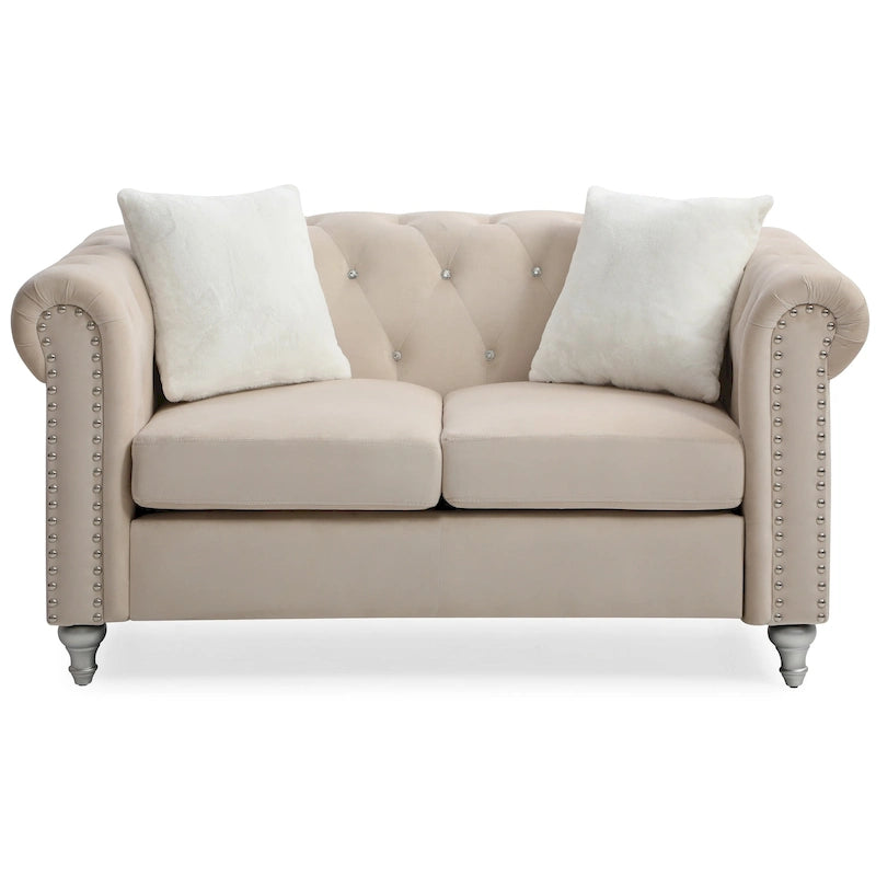 Velvet 2-Seater Sofa - Beige/Green/Pink