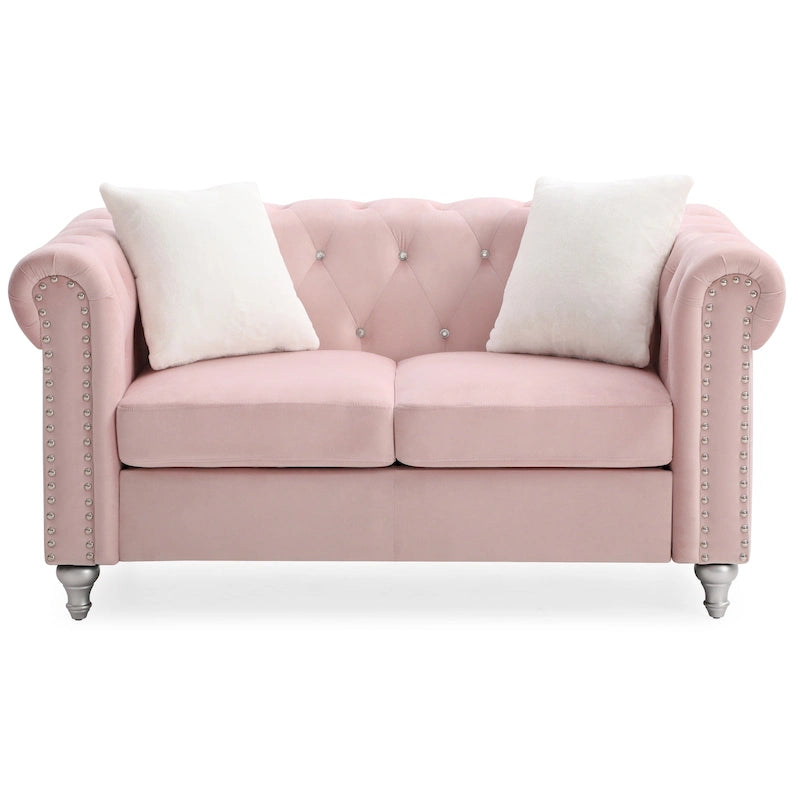 Velvet 2-Seater Sofa - Beige/Green/Pink