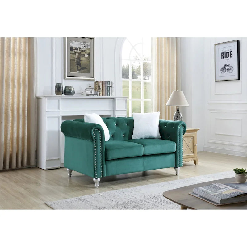 Velvet 2-Seater Sofa - Beige/Green/Pink