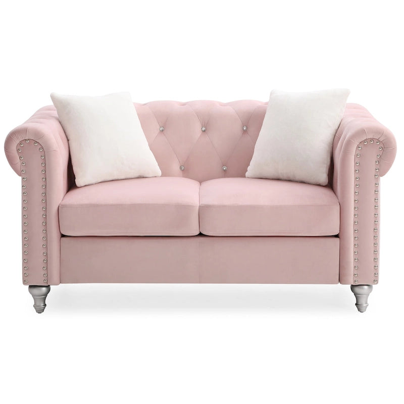 Velvet 2-Seater Sofa - Beige/Green/Pink