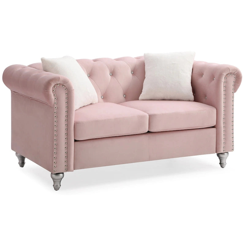 Velvet 2-Seater Sofa - Beige/Green/Pink