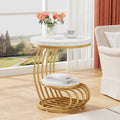 Gold Round End Table, 2 Tiers Side Table with White Faux Marble Top