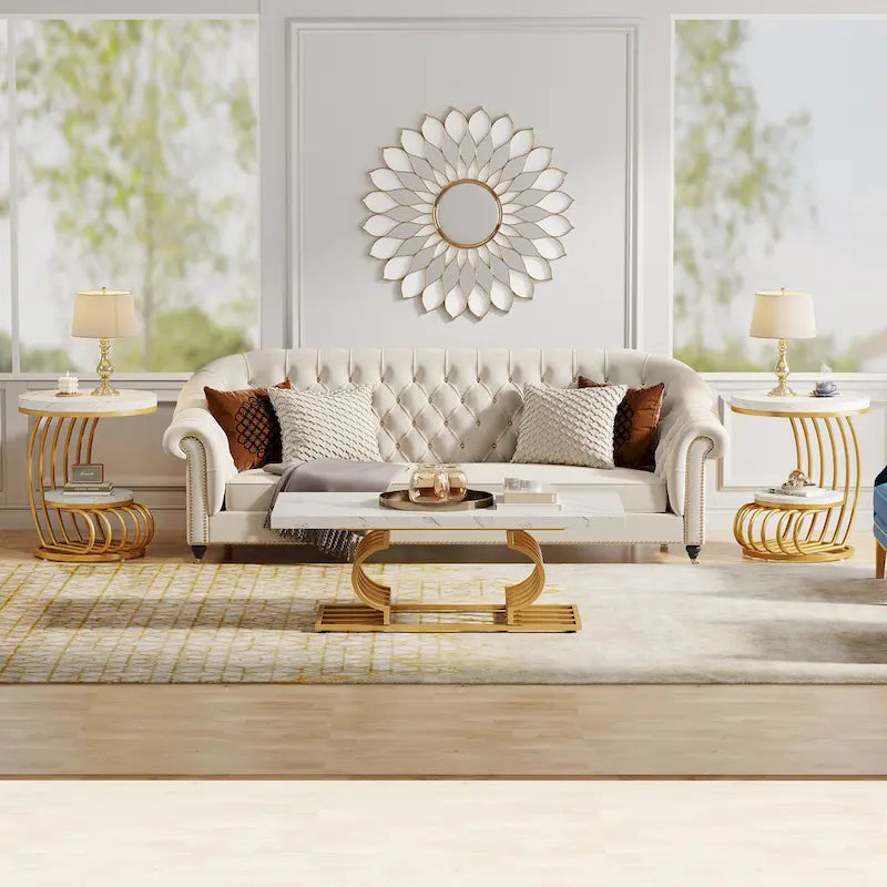 Gold Round End Table, 2 Tiers Side Table with White Faux Marble Top