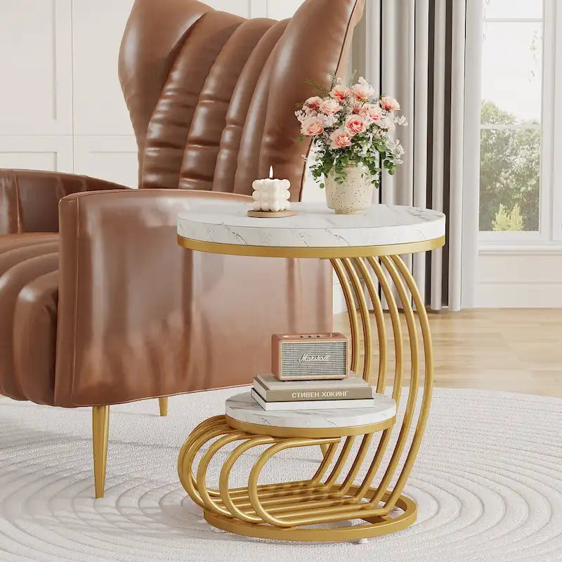 Gold Round End Table, 2 Tiers Side Table with White Faux Marble Top