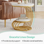 Gold Round End Table, 2 Tiers Side Table with White Faux Marble Top