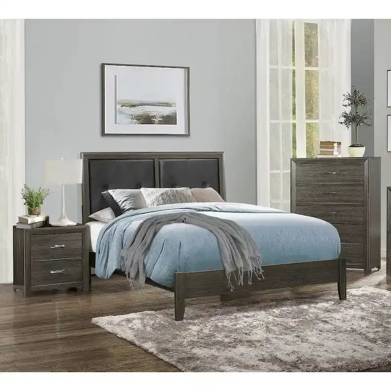 Contemporary Bedroom Set 3pc Bed Nightstand Chest Dark Gray Finish