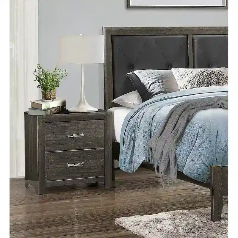 Contemporary Bedroom Set 3pc Bed Nightstand Chest Dark Gray Finish