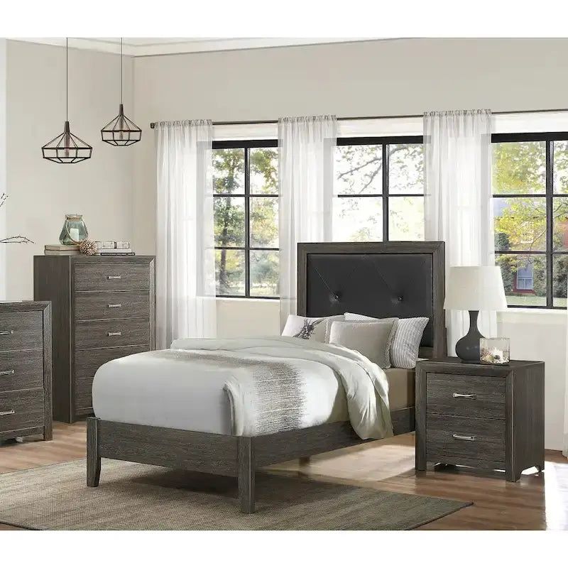 Contemporary Bedroom Set 3pc Bed Nightstand Chest Dark Gray Finish
