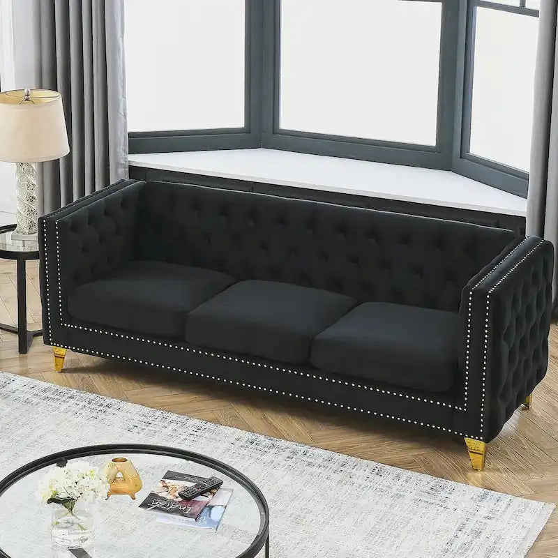 Modern Velvet Sofa Couch Upholstered Button and Metal Legs