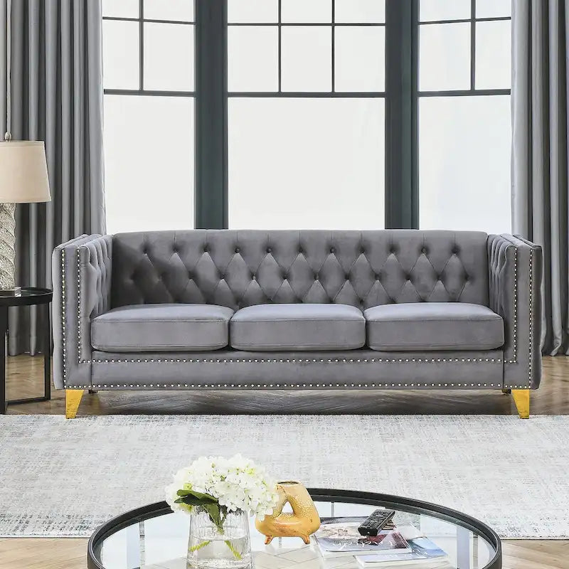 Modern Velvet Sofa Couch Upholstered Button and Metal Legs