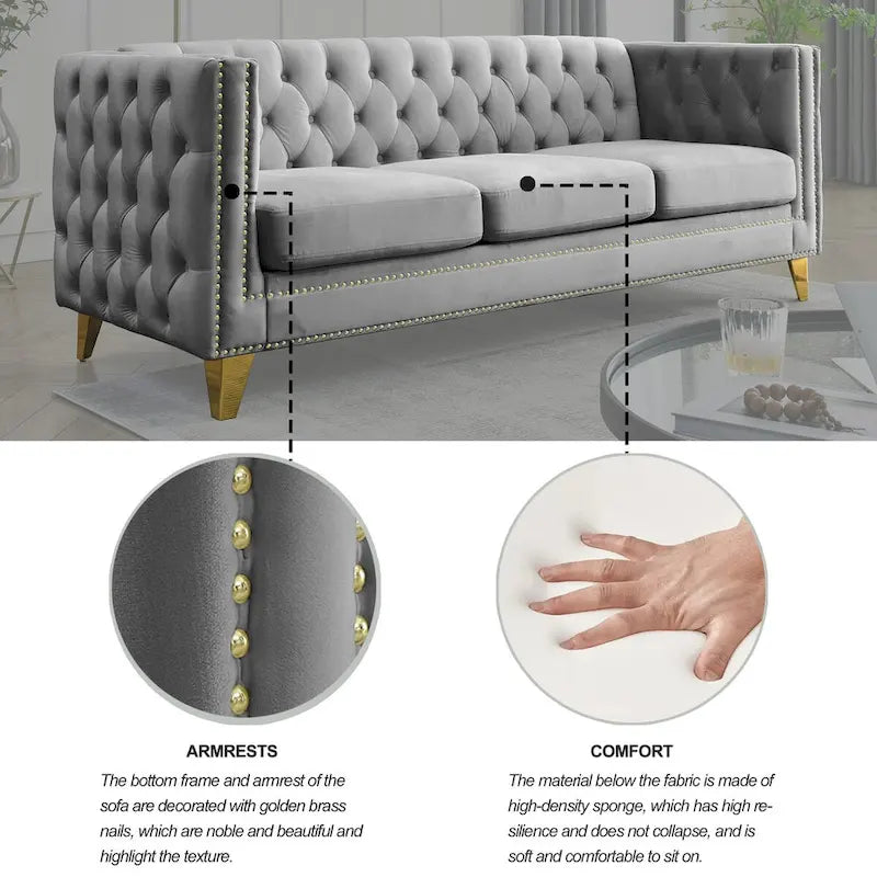 Modern Velvet Sofa Couch Upholstered Button and Metal Legs