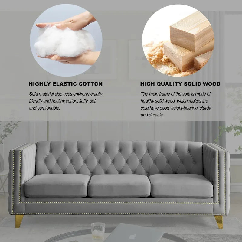 Modern Velvet Sofa Couch Upholstered Button and Metal Legs