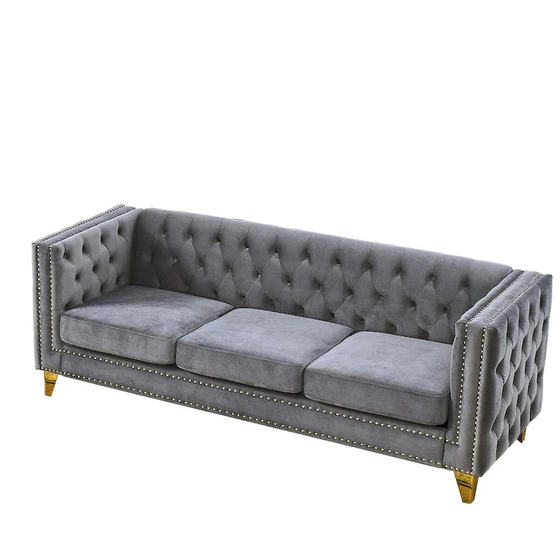 Modern Velvet Sofa Couch Upholstered Button and Metal Legs