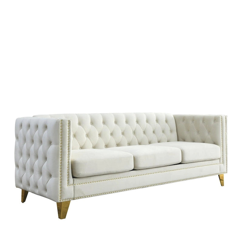 Modern Velvet Sofa Couch Upholstered Button and Metal Legs