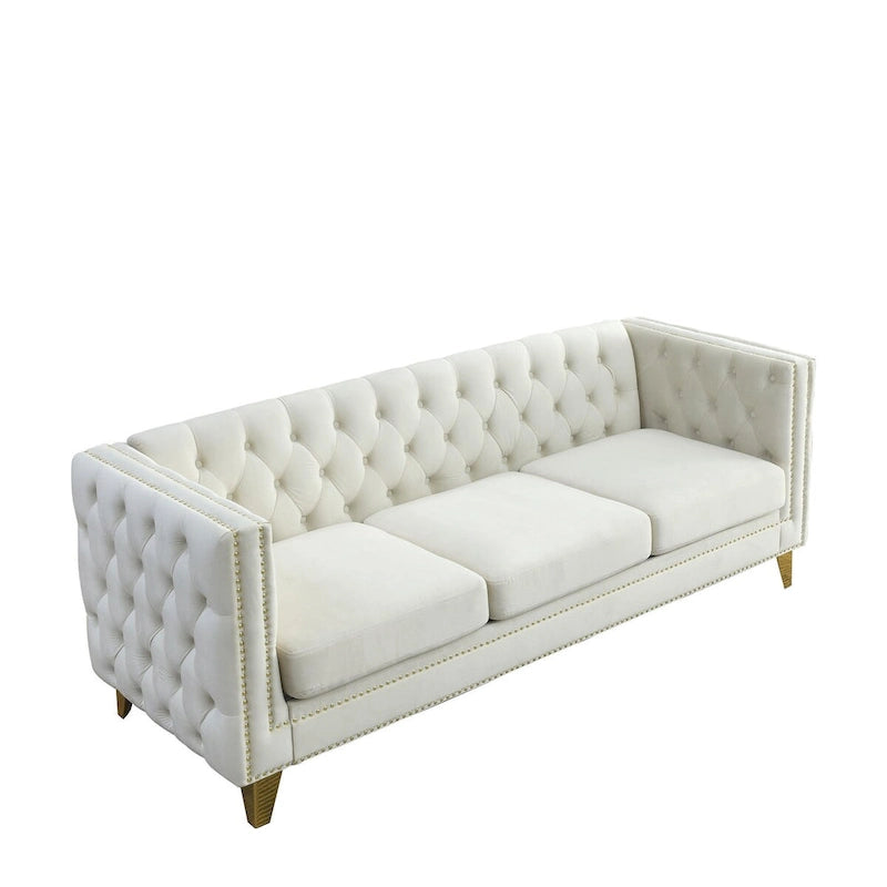 Modern Velvet Sofa Couch Upholstered Button and Metal Legs