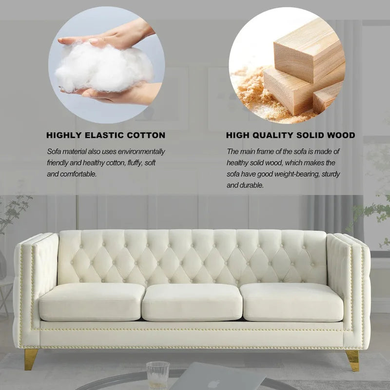 Modern Velvet Sofa Couch Upholstered Button and Metal Legs