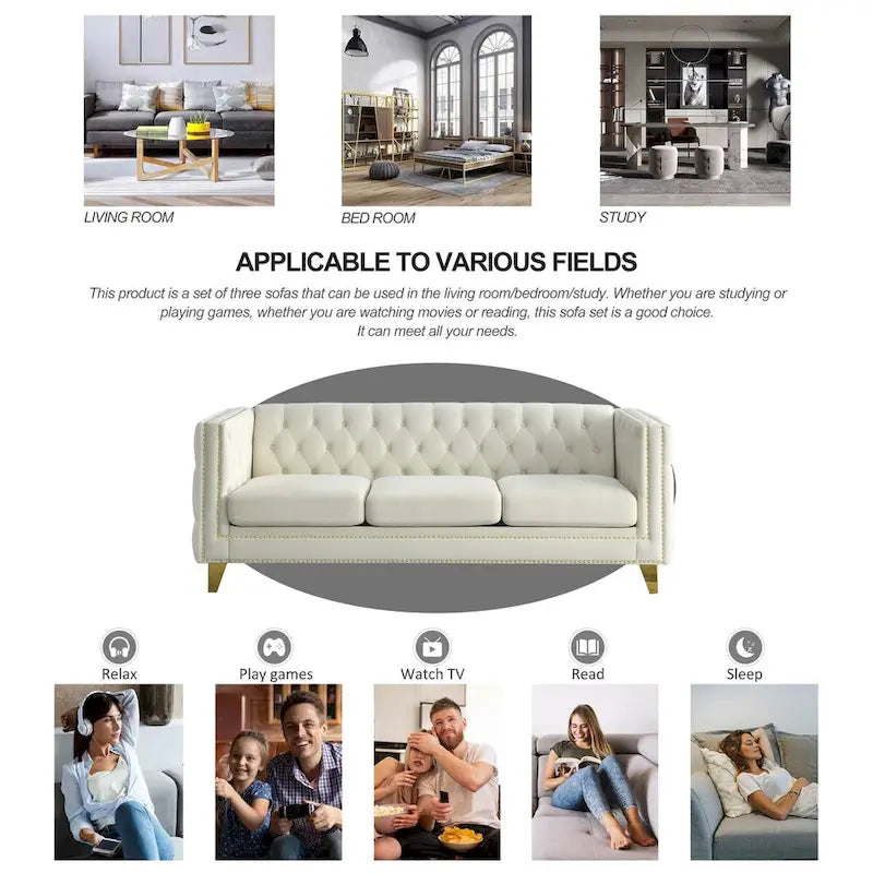 Modern Velvet Sofa Couch Upholstered Button and Metal Legs