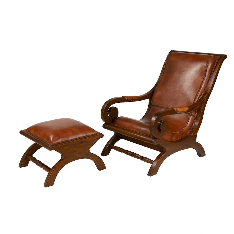 Teak Wood Handmade Upholstered Leather Accent Chair with Ottoman - Brown or Black