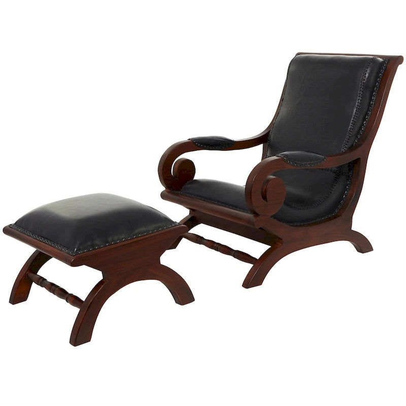 Teak Wood Handmade Upholstered Leather Accent Chair with Ottoman - Brown or Black