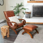 Teak Wood Handmade Upholstered Leather Accent Chair with Ottoman - Brown or Black